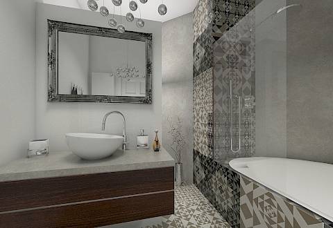 Koupelna v měšťanském domě z přelomu 19. a 20. století má velmi netradiční půdorys. Přesto prostor působí opticky přívětivě.