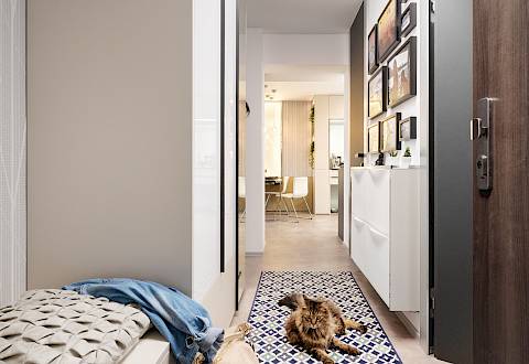 Návrh interiéru Praha: vstup do bytu 3kk s praktickým místem pro sednutí při obouvání