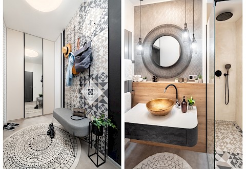 Prostor bytu sjednocují výrazné keramické obklady použité v zádveří, v koupelně i v kuchyni